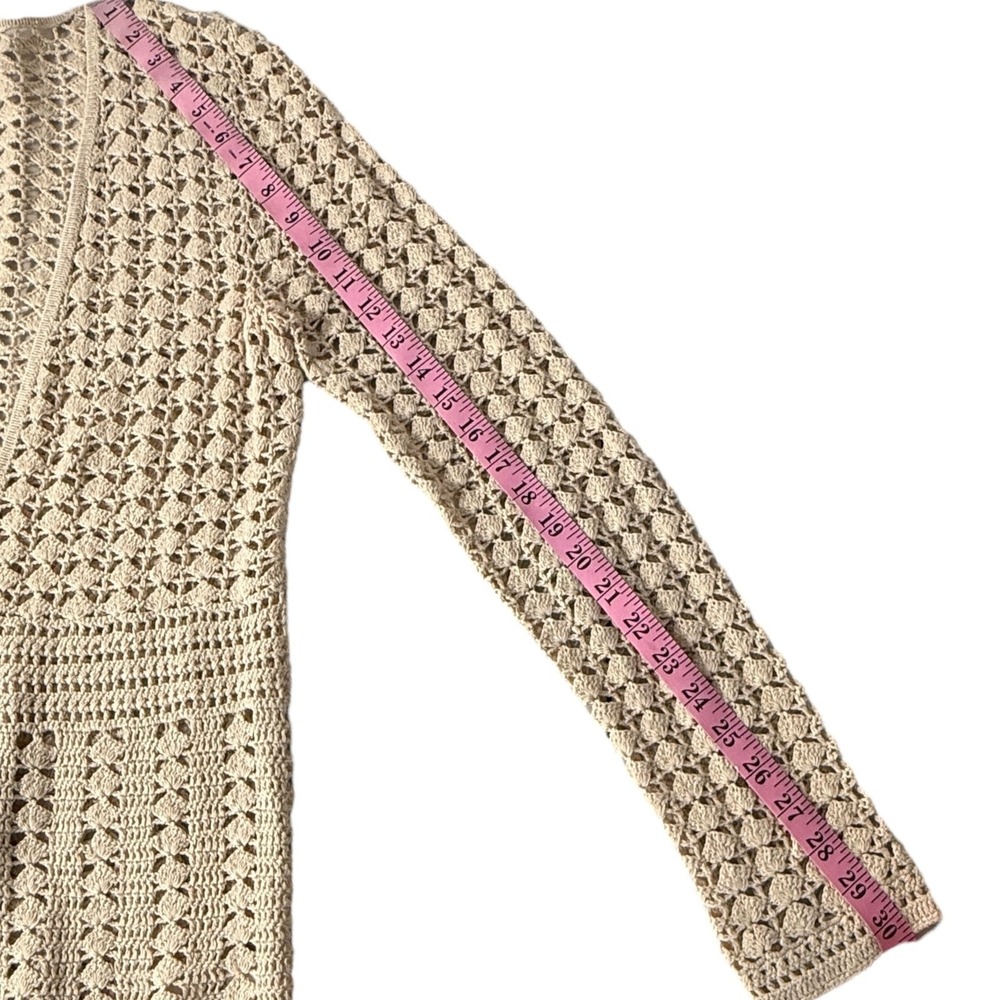 Eddie Bauer Women Beige Hand Crocheted Linen Cotton Cardigan Sweater Size L Boho - Picture 9 of 9